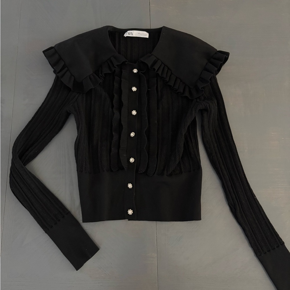Zara Black Ruffled Button-Down Shirt